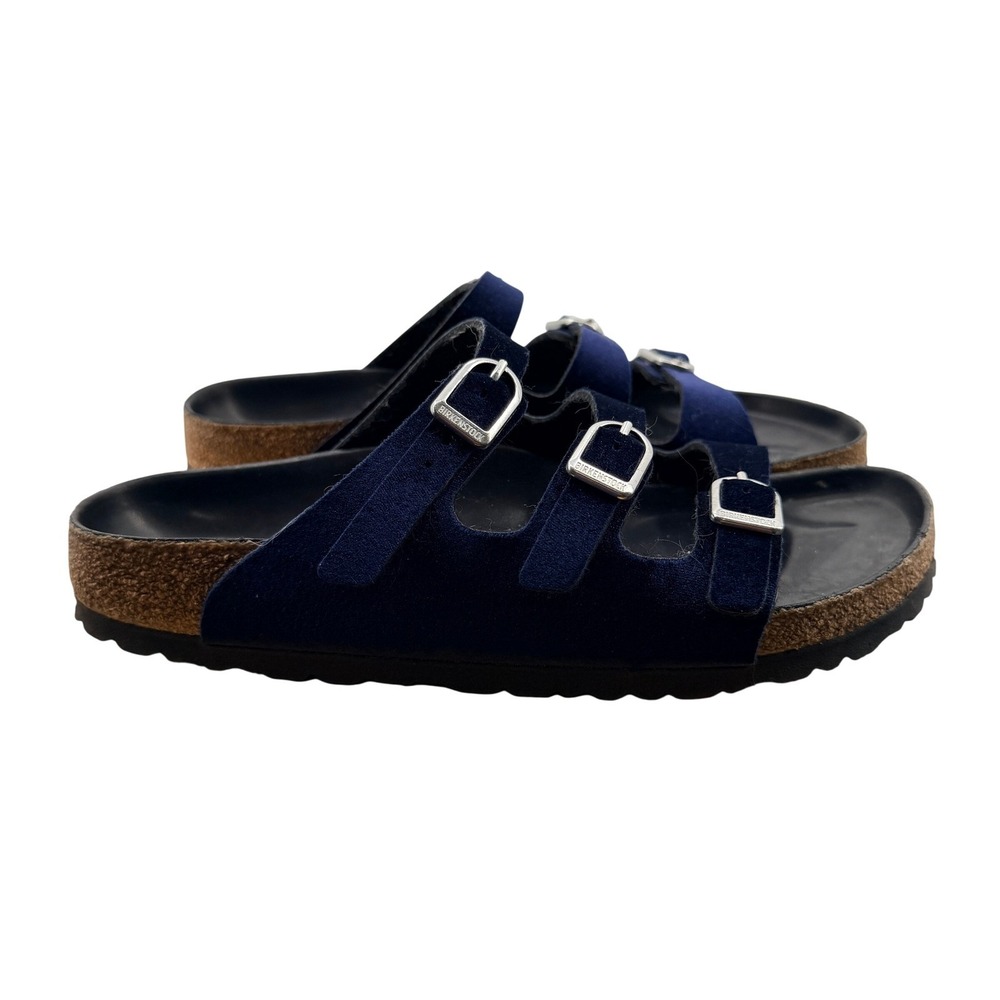 Birkenstock Florida Womens 38 L7 M5 Fresh Navy Blue Velvet 3-Strap Sandals NEW